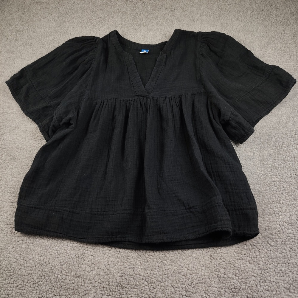Old Navy Blouse Sz XL Babydoll Gauze V-Neck Short Sleeve Black 100% Cotton EUC